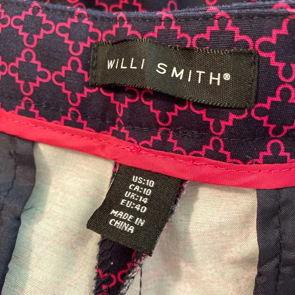 NWOT Willi Smith - Womans fuchsia/navy abstract pattern high rise crop pants, 10